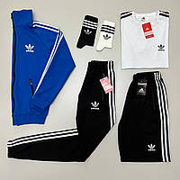 Мужской спортивный костюм Adidas Адидас кофта с молнией штаны и шорты носки в подарок 6в1 синий с черным XL