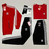 Мужской спортивный костюм Adidas Адидас кофта с молнией штаны и шорты носки в подарок 6в1 черный с красным XL