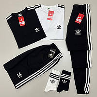 Мужской летний костюм Adidas футболка и шорты и штаны 4в1 Адидас комплект черный носки в подарок (Bon)
