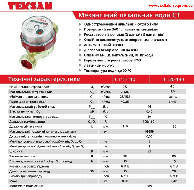 Механічний лічильник гарячої води_СТ 20-130 R160 (ГВ) TEKSAN