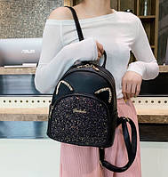 Качественный женский городской рюкзак с блестками ушками,енский мини рюкзачок с стразами ушами черный