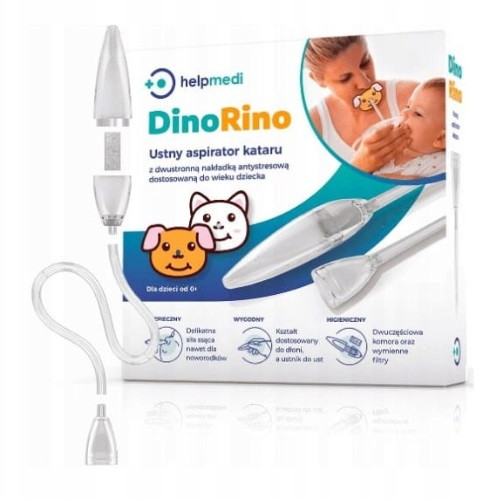 Аспіратор вакуумний назальний HELPMEDI DINORINO (соплевідсмоктувач), накладки у формі тварин, Польща