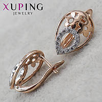 Серьги мед золота размер 15 Х 10 мм фирма Xuping Jewelry золотистые овалы с узорами и цветами английский замок