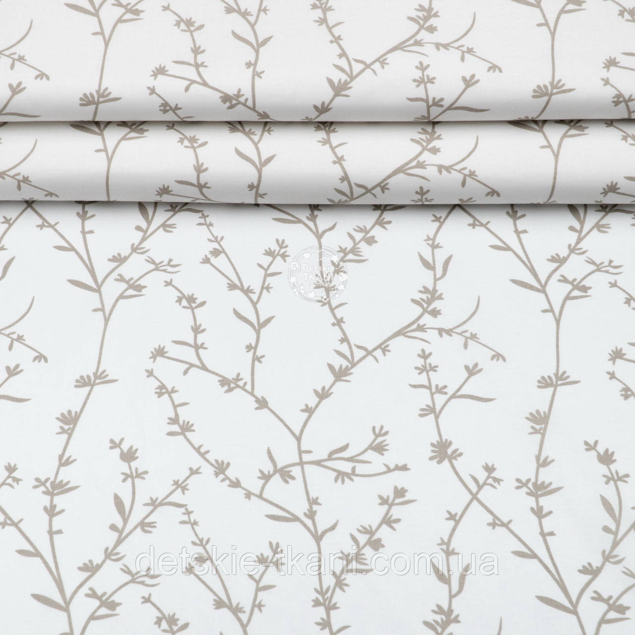 Ранфорс шириною 240 см "Гіллячки водоростей" бежеві на білому тлі №4201, фото 1