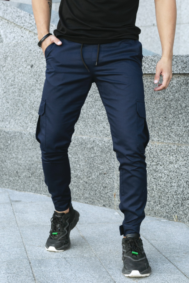 Повсякденні чоловічі карго-штани сині з бічними кишенями з манжетами з котону, фото 1