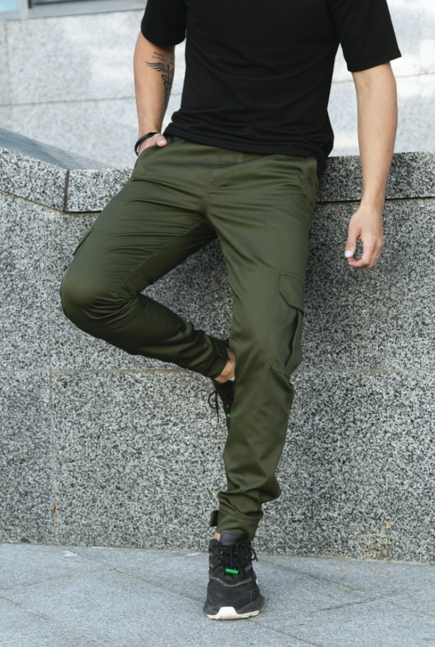Чоловічі демісезонні повсякденні спортивні штани карго з котону хакі, фото 1