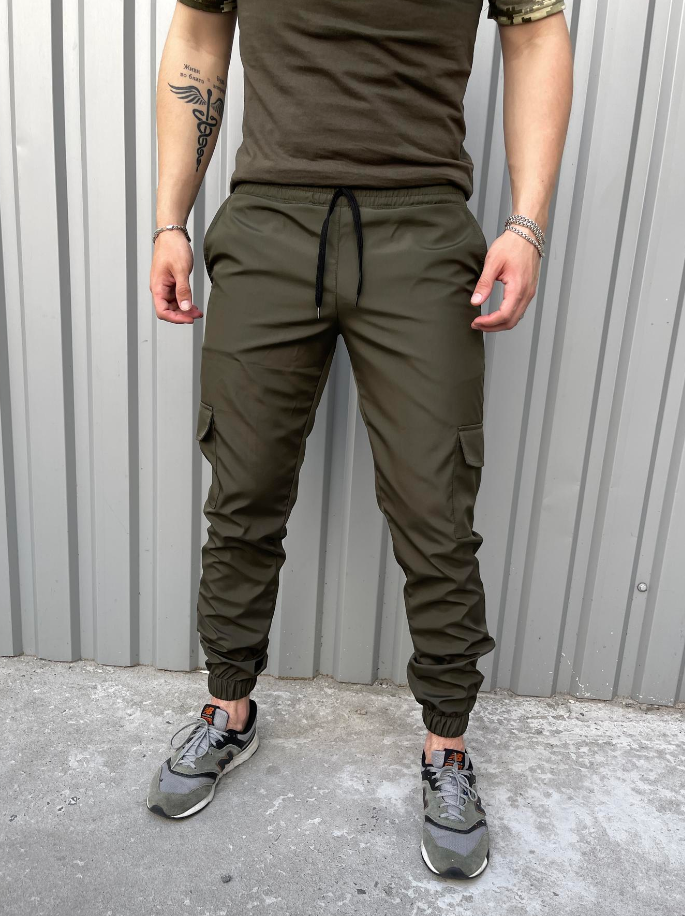 Повсякденні весняні штани карго чоловічі з боковими кишенями з котону на гумці внизу, фото 1