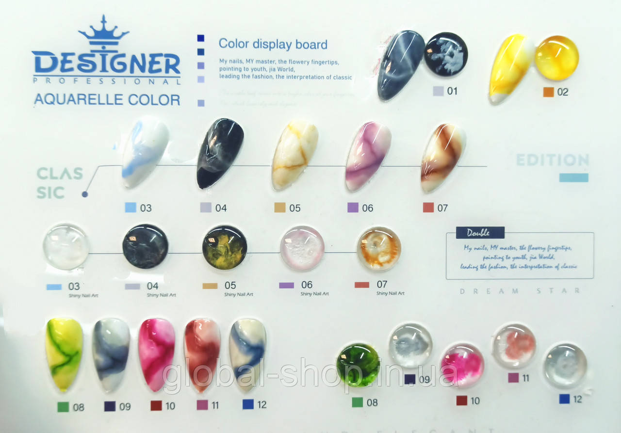 Акварельні краплі Water color від Global Fashion 10 мл, рідина для акварельного розпису на нігтях, 12 кольорів