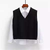 Теплый женский жилет - безрукавка с вязки на рубашку, черный, M
