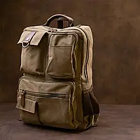 Комфортный и вместительный городской рюкзак для ноутбука и в путешествие Vintage оливковый