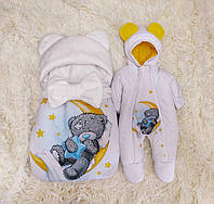 Зимний комплект для новорожденных детей спальник + комбинезон, принт Мишка, белый с желтым
