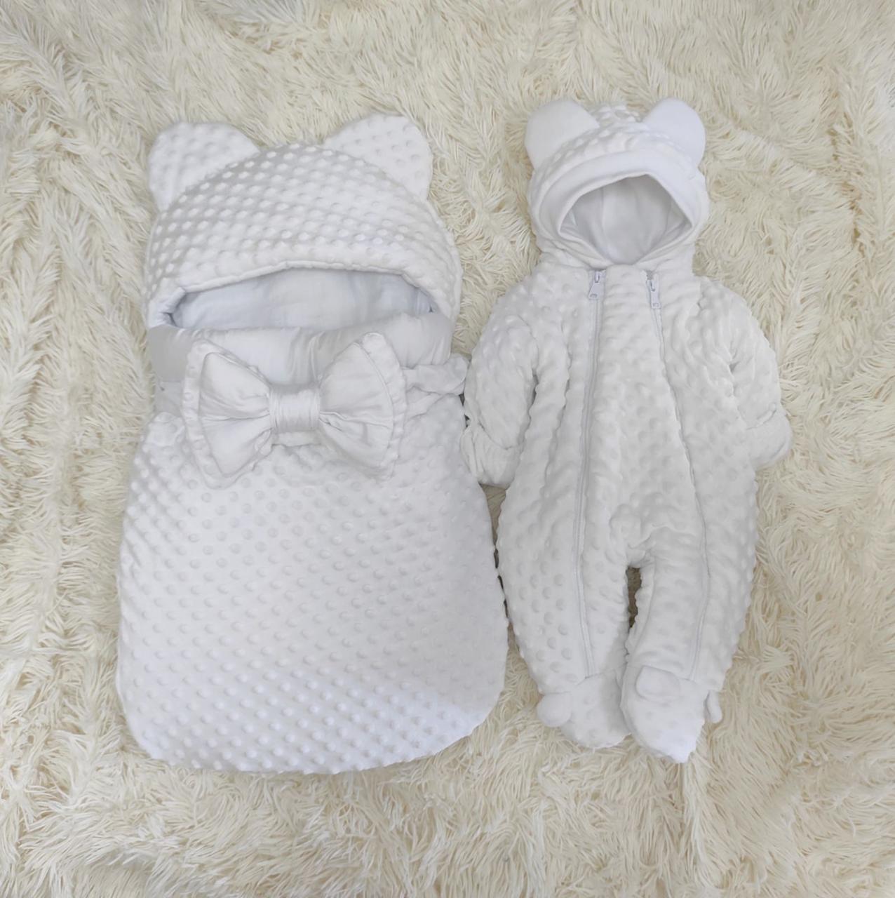 Теплий плюшевий комплект комбінезон + спальник для новонароджених, білий, фото 1