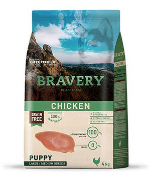 Беззерновий корм для цуценят середніх та великих порід з куркою Bravery Puppy Large/Medium Breeds 4 кг