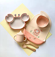 Силіконовий посуд для першого прикорму дитячий подарунковий набір для дівчинки персиковий колір