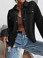 Черная стильная однотонная теплая женская рубашка с карманами из микровельвета на кнопках 44