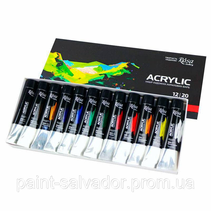 Набор акрилових фарб 12 кольорів по 20 мл Rosa Gallery картонна коробка, фото 1