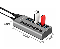 USB хаб Acasis HS-707MG USB 3.0 7 портів з блоком живлення hub концентратор алюмінієвий, фото 5