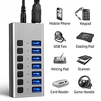 USB хаб Acasis HS-707MG USB 3.0 7 портів з блоком живлення hub концентратор алюмінієвий, фото 3