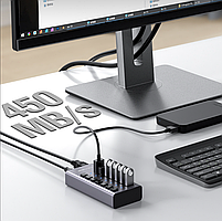 USB хаб Acasis HS-707MG USB 3.0 7 портів з блоком живлення hub концентратор алюмінієвий, фото 4