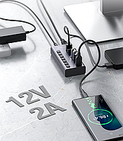 USB хаб Acasis HS-707MG USB 3.0 7 портів з блоком живлення hub концентратор алюмінієвий, фото 11