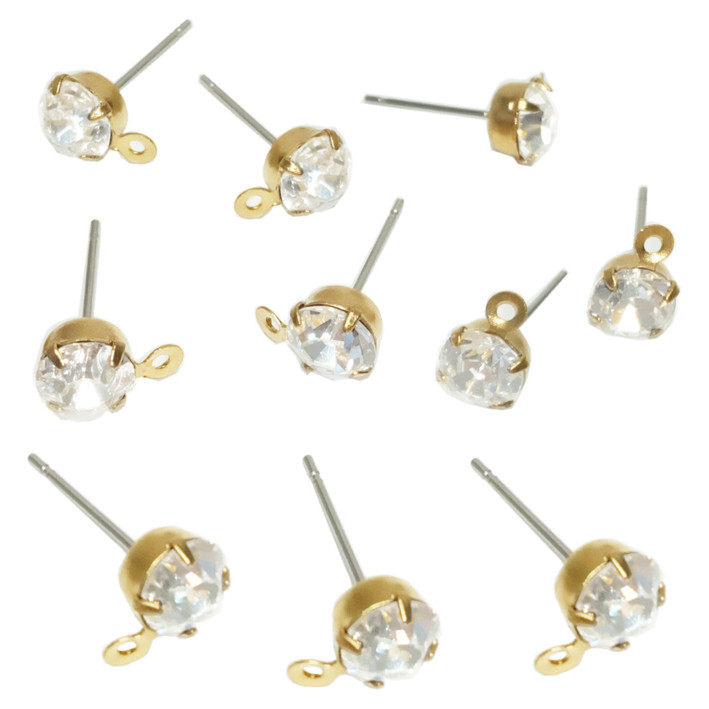 Набір 5 пар Основа для Сережок Пуссет Цвяшки зі Стразами, Петелькою, Колір Золото, Фурнітура для Біжутерії, фото 1