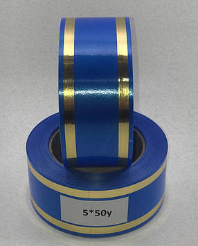 Стрічка ритуальна, колір блакитний, ЗОЛОТО Ширина-5см. Довжина – 50м.