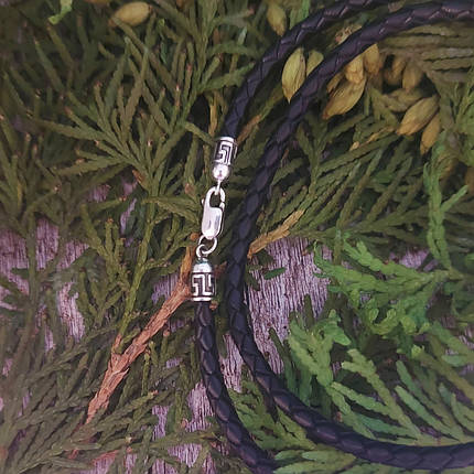 Шнур, геометричний візерунок, плетений шкіряний з срібними 925пр. кінцевиками і замком,, фото 1