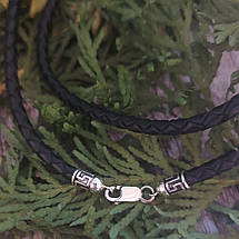 Шнур, геометричний візерунок, плетений шкіряний з срібними 925пр. кінцевиками і замком,, фото 4