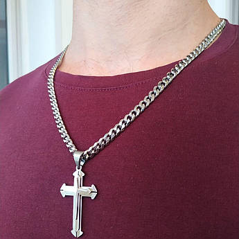 Ланцюжок чоловічий Steel Braiding 6 мм із хрестом. Кубинське плетіння, якісна медична сталь