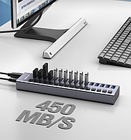 USB хаб Acasis HS-716MG USB 3.0 16 портів із блоком живлення hub концентратор алюмінієвий, фото 3