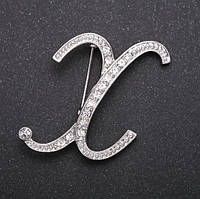 Брошка ініціал буква "Х" білі стрази колір металу "сірий" 43х38мм купити біжутерію дешево оптом в інтернеті