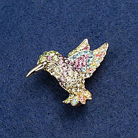 Брошка Колібрі золотистий метал і стрази 25х33мм + - купити біжутерію оптом в інтернеті