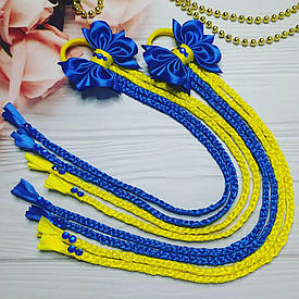 Бантик з косичками в українському стилі "Ультрамодний" (бант жовто-синій під вишиванку, резинки для волосся)