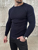Мужской свитер приталенный классический весенний осенний синий | Мужская кофта без горла приталенная (Bon)