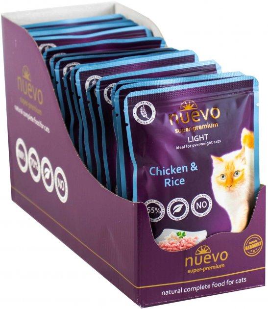 Упаковка паучів для котів схильних до ожиріння з куркою і рисом Nuevo Light Adult Pouch 16*85 г, фото 1