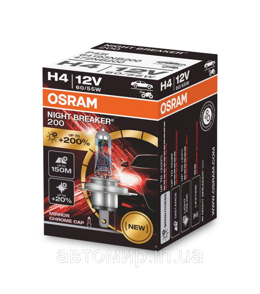 Автолампи OSRAM H4 64193NB200 Night Breaker +200% 60/55W P43T 12V 10X10X1, фото 1