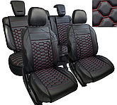 Преміум накидки на сидіння RINNEKO Чорна Екошкіра строчка червона Дизайн Соти 5 шт