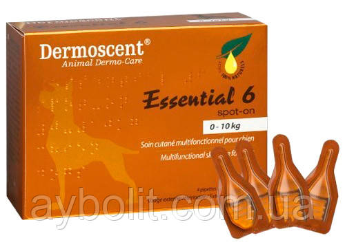 Засіб по догляду за шкірою і шерстю собак вагою до 10 кг Dermoscent Essential-6 spot-on 4х0.6 мл, фото 1