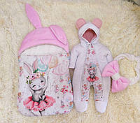 Зимний комбинезон + конверт спальник "Зайчики" для новорожденных, белый с розовым