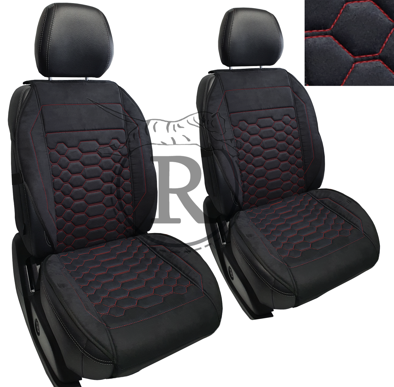 Преміум накидки на передні сидіння RINNEKO Чорна Алькантара строчка червона Дизайн Соти 2 шт