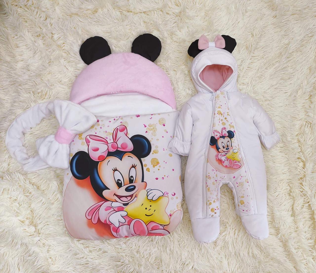Зимовий комбінезон + конверт спальник принт Minni для новонароджених, білий з рожевим, фото 1