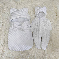 Теплий плюшевий комбінезон + конверт спальник на флісі для новонароджених, білий