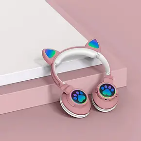 Дитячі бездротові навушники котячі вушка CAT ME1-CE Bluetooth з LED-підсвіткою і MicroSD до 32 Гб Рожеві, фото 4