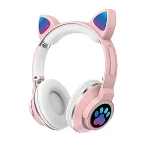 Дитячі бездротові навушники котячі вушка CAT ME1-CE Bluetooth з LED-підсвіткою і MicroSD до 32 Гб Рожеві, фото 1