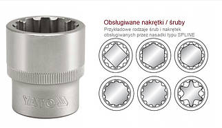 Головка торцева YATO: квадрат 1/2", SPLINE M19 мм, L= 38 мм. CrV