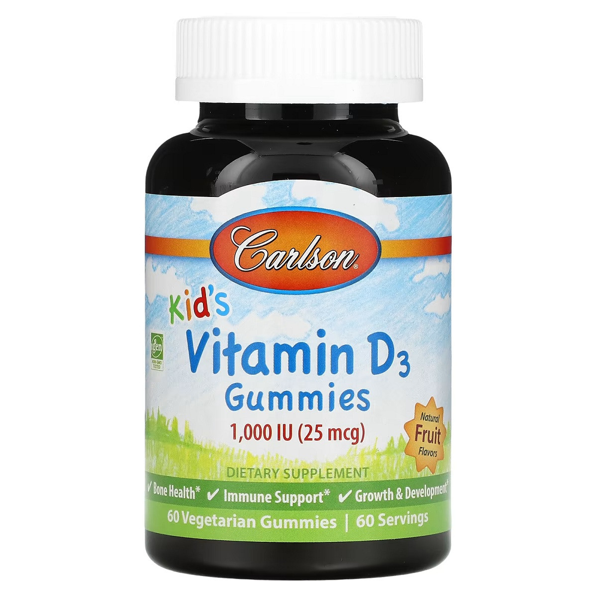 Вітамін D3 Дитячий, 1000 МО, смак фруктів, Kid's Vitamin D3 Gummies, Carlson, 60 вегетаріанських жувальних цукерок