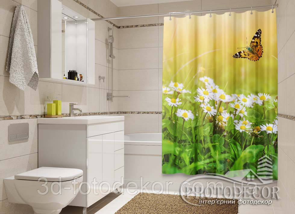 Фото Шторка для ванної "Метелик з ромашками" - ціна вказана за 1 м.кв. Читаємо опис!