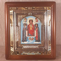Икона Киево-Печерская Пресвятая Богородица, лик 10х12 см, в светлом прямом деревянном киоте с арочным багетом