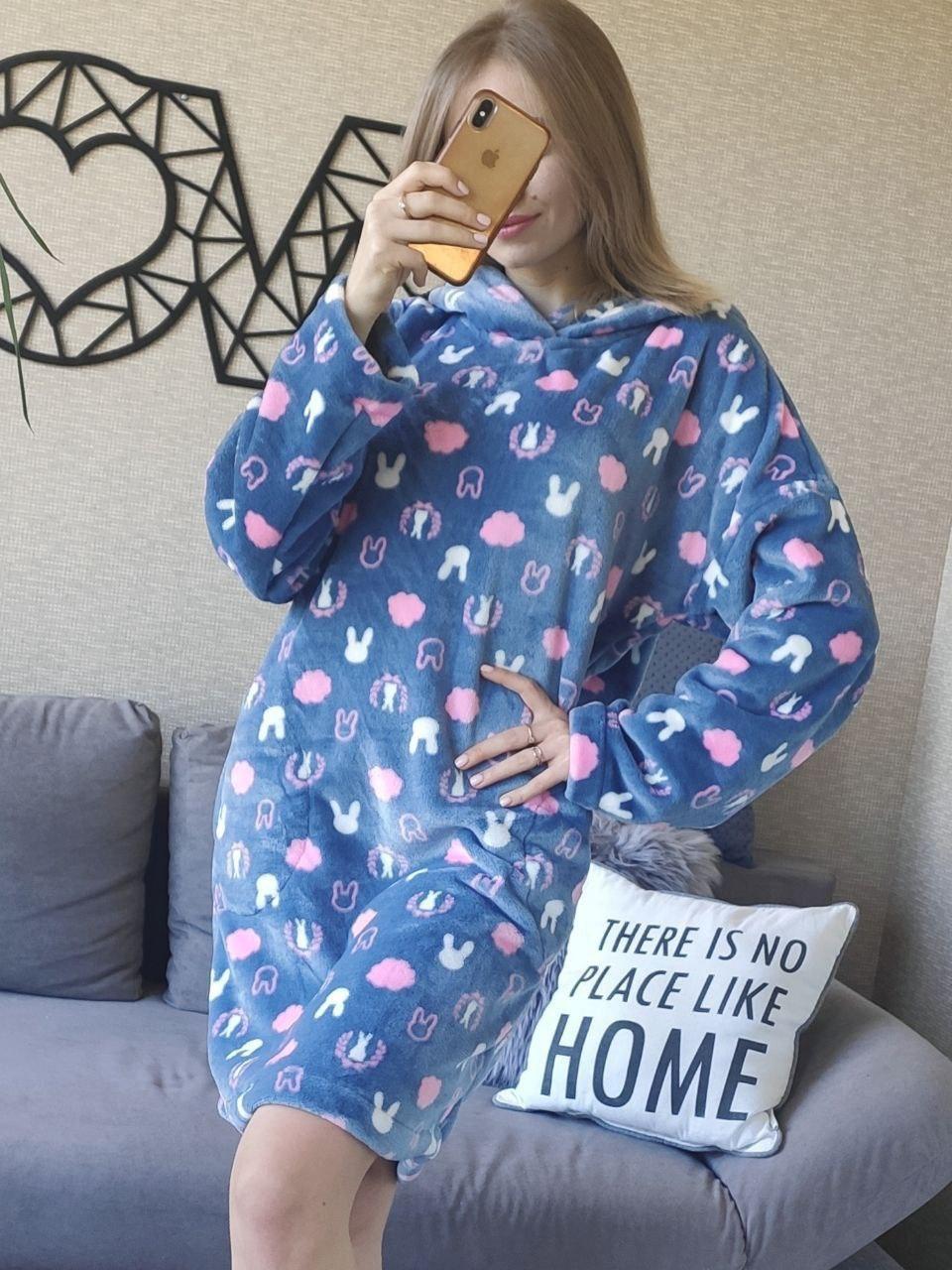 Жіноча тепла сіра туніка для дому зайці з капюшоном, фото 1