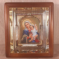 Икона Покрывающая Пресвятая Богородица, лик 10х12 см, в светлом прямом деревянном киоте с арочным багетом
